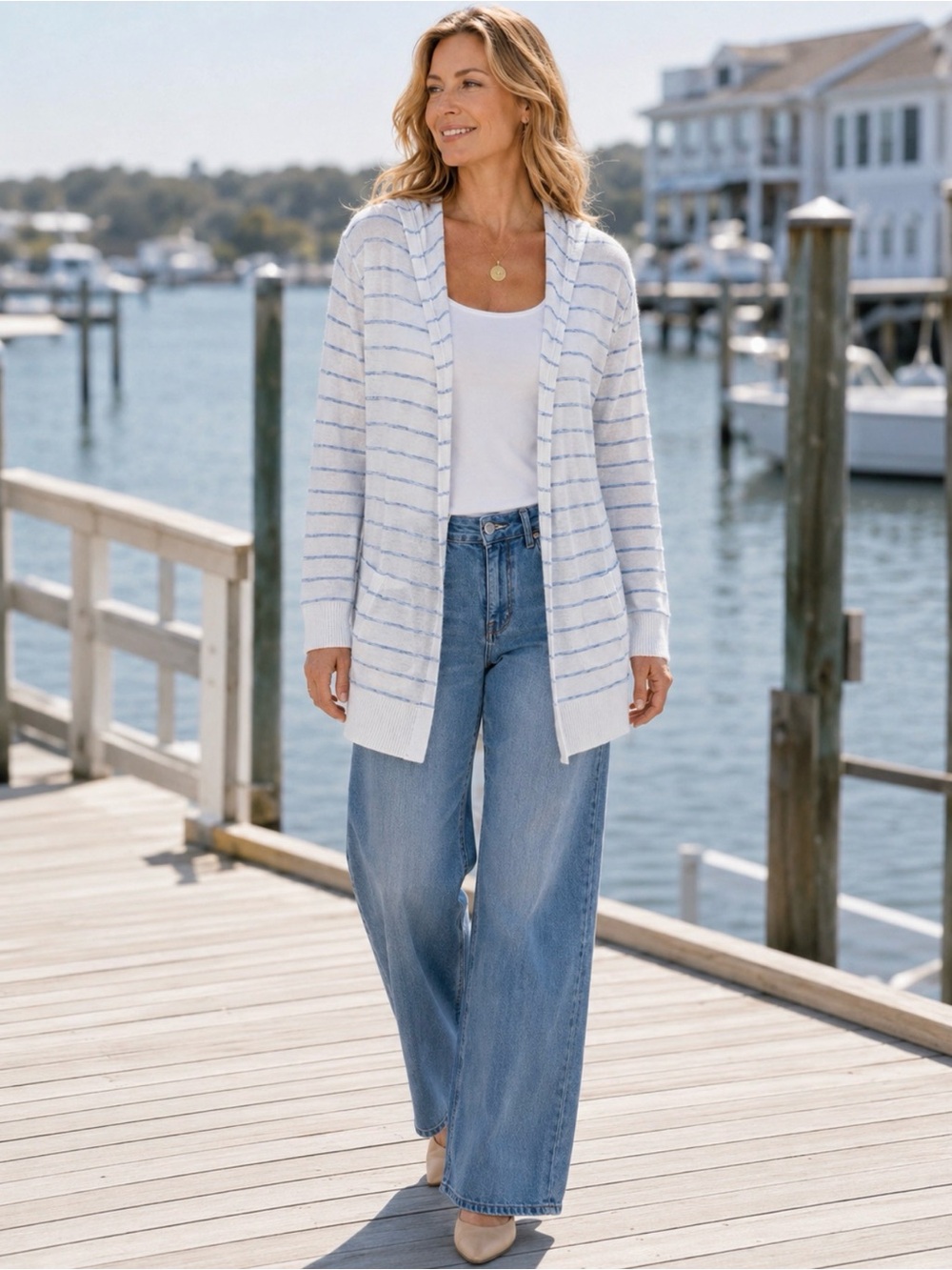 Cynthia Rowley Linen Blend Striped Hooded Cardigan Coastal XL